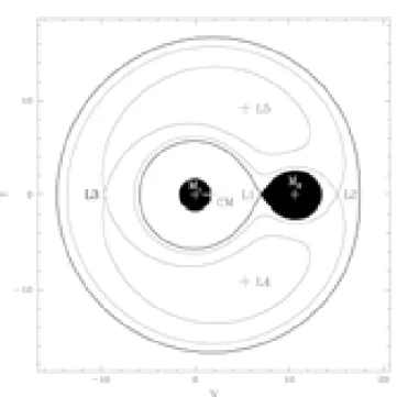 Figura 2.3: A geometria de Roche, mostrando as superfícies equipotenciais em um sistema binário