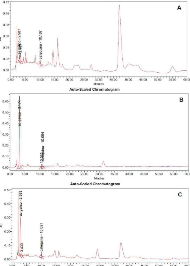 Figura 23 - Cromatogramas obtidos em 270 nm para as soluções extrativas de P. colubrina (A) e S