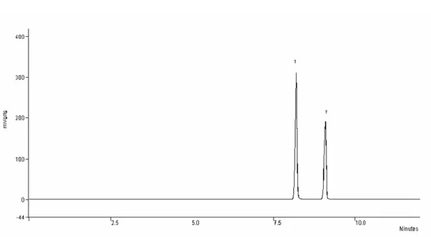 FIGURA 7 – Cromatograma obtido com a análise por head space e CG/FID de sangue                         adicionado com etanol na concentração de 0,6 g/L e t-butanol 0,3 g/L
