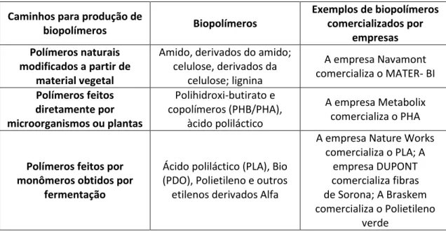 Tabela 1: Rotas para fabricação de biopolímeros (ILES, et. al. 2012).  Caminhos para produção de 