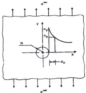 Figura  2.8  –  Representação  esquemática  do  PSC  para  laminados  contendo  furo  circular  (Nuismer e Whitney, 1975 apud Awerbuch e Madhukar, 1985)