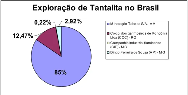 Figura 1 – Principais empresas de mineração que exploram a tantalita atualmente no Brasil  com suas respectivas contribuições (%) para a produção nacional