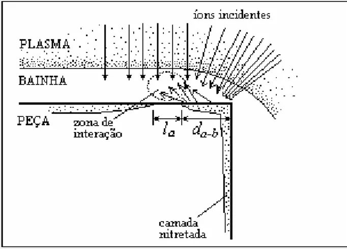 Figura 2.6 - Desenho esquemático (corte transversal) mostrando a formação de anéis de restrição, não nitretados, em uma borda reta.