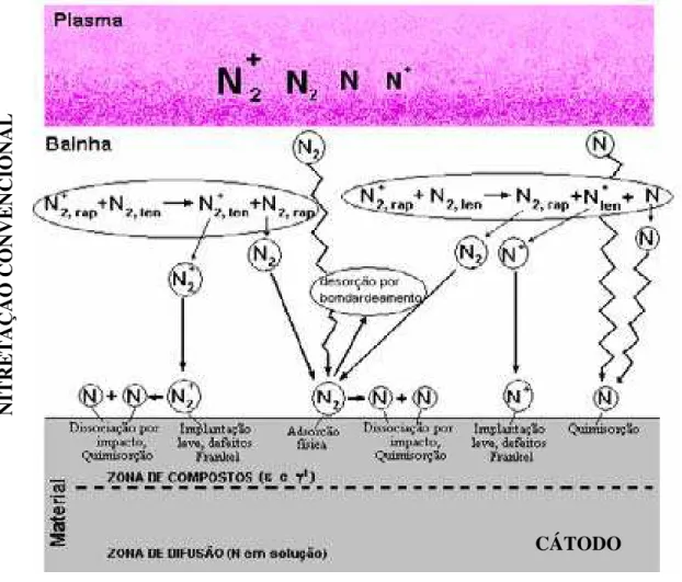 Figura 2.8 - Modelo para Mecanismo da nitretação de aços por plasma (WALKOWWICK, 2003).