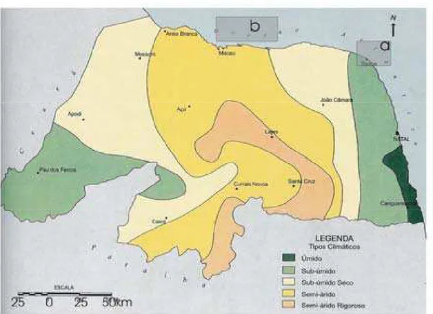 Figura 1.02 – Mapa de tipos climáticos do Rio Grande do Norte (Atlas do RN).  1.4.2 – Sócio-economia 