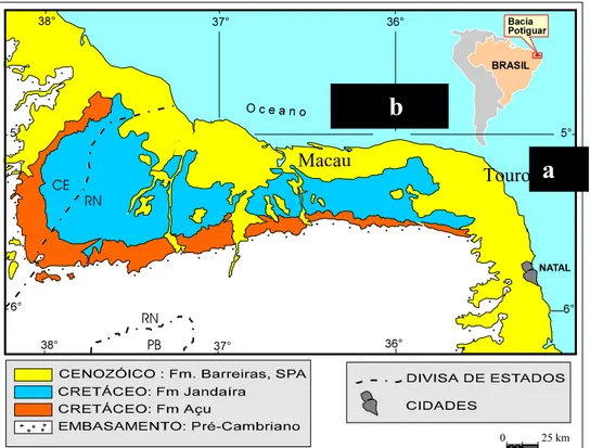 Figura 1.03: Mapa geológico simplificado da Bacia Potiguar (RN) com localização da área mapeada em preto