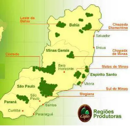 Figura 2.1 – Principais regiões produtoras de café no Brasil. Fonte: Revista cafeicultura ® 