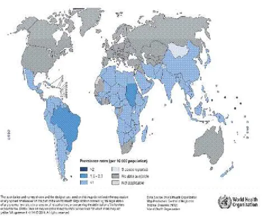 Figura 5 - Mapa mostrando prevalência da hanseníase no início de 2011  Fonte: WORLD HEALTH ORGANIZATION, 2011a 