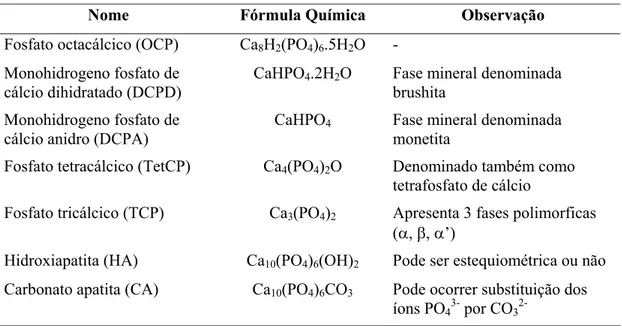 Tabela 2.7 – Principais fosfatos de cálcio (adaptado de Elliot, 1994). 
