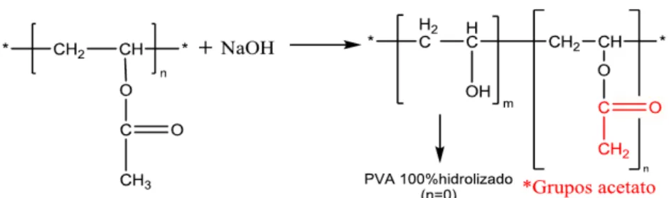 Figura 4 - Hidrolização do PVAc e representação da estrutura química PVA 