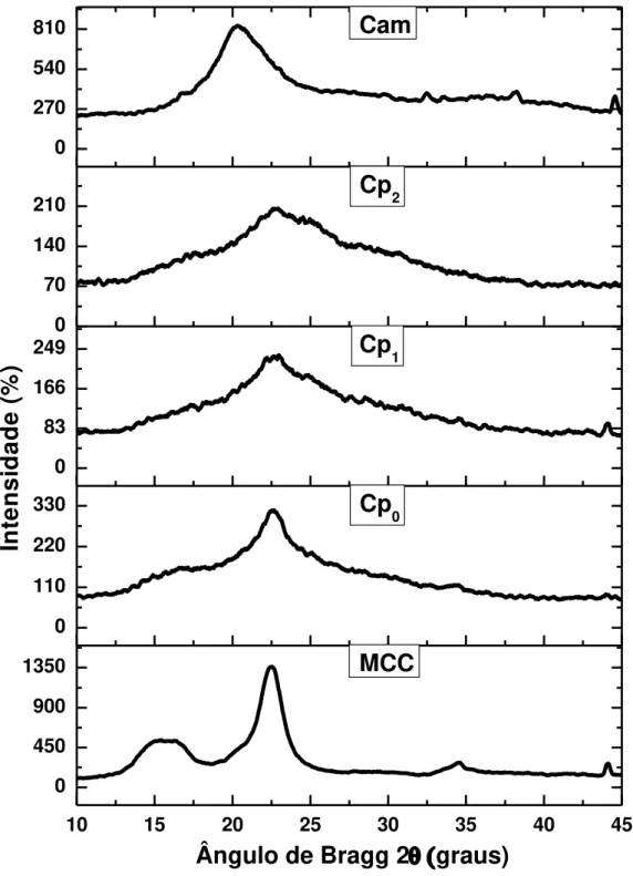 Figura 2 - Difratogramas da MCC, Cp0,  Cp 1,  Cp 2  e Cam.   