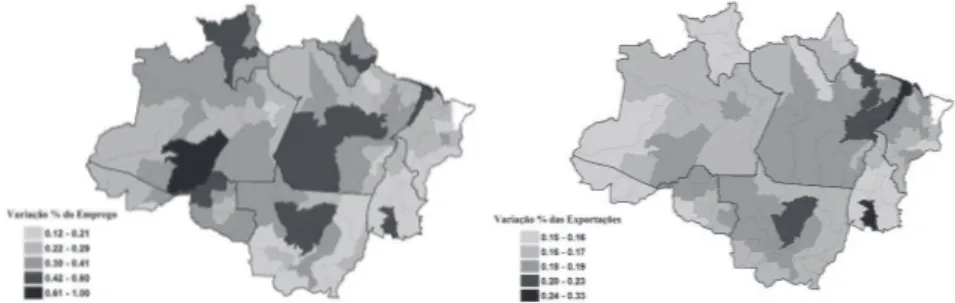 Figura 5 - Resultados das simulações: efeito do desmatamento de 2006 a 2011  sobre emprego e exportações (var