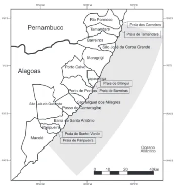 Fig. 1. Mapa dos 135 km de extensão litorânea da APA Costa dos Corais  (em cinza), com destaque para as localidades estudadas entre março e  dezembro de 2004: praias onde foram realizados estudos de porcentagem  de cobertura (destacadas no retângulo) (adap