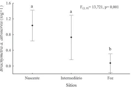 Fig. 6. Comparação das médias de abundância de Brachymetra albinervis albinervis Amyot &amp; Serville, 1843 nos sítios amostrados no Córrego  Bacaba, Município de Nova Xavantina, MT, Brasil.