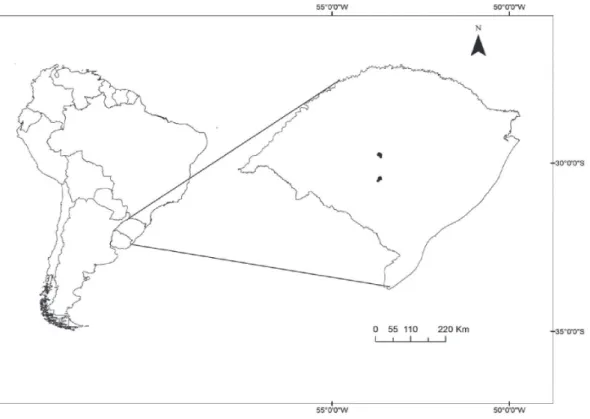 Fig. 1. Localização das áreas de estudo, municípios de Caçapava do Sul e Santa Maria, Rio Grande do Sul, Brasil
