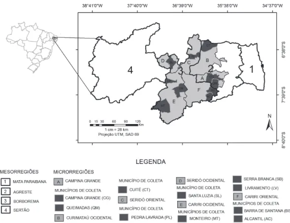 Fig. 1. Locais de coleta de Aedes aegypti nas Meso- e Microrregiões do Estado da Paraíba.