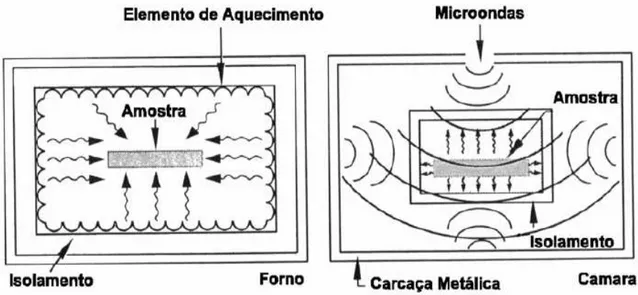 FIGURA 01: Padrão de aquecimento. Forno convencional (à esquerda); Forno microondas (à direita)