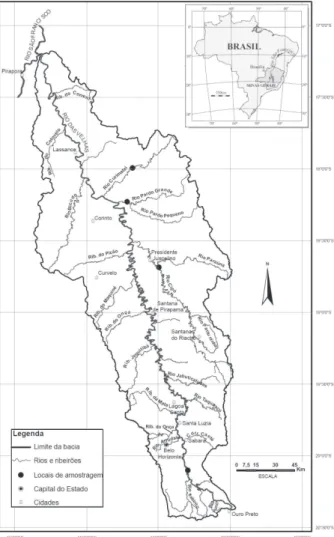 Fig. 1. Bacia do rio das Velhas, sudeste do Brasil. Trechos amostrados  em setembro de 2007: rios das Velhas, Cipó, Pardo Grande e  Curi-mataí.