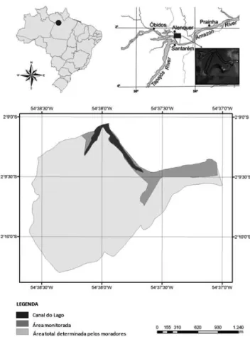 Fig.	1.	Localização	da	área	de	estudo	na	comunidade	Água	Preta	(qua- comunidade	Água	Preta	(qua- (qua- (qua-drado),	município	de	Santarém,	Pará,	Brasil;	área monitorada na cor  cinza média