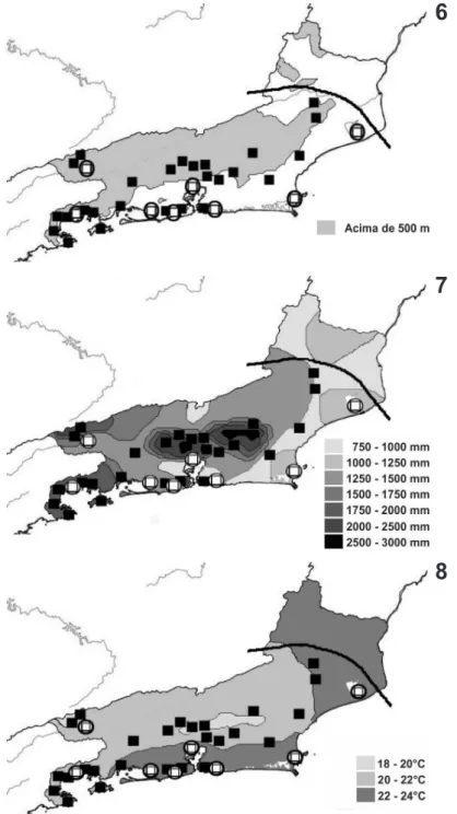 Figs 6-8. Localidades de registro das espécies de aves com limite norte de distribuição geográfica no estado do Rio de Janeiro: 6, altitude; 7, pre- pre-cipitação pluviométrica; 8, temperatura média anual