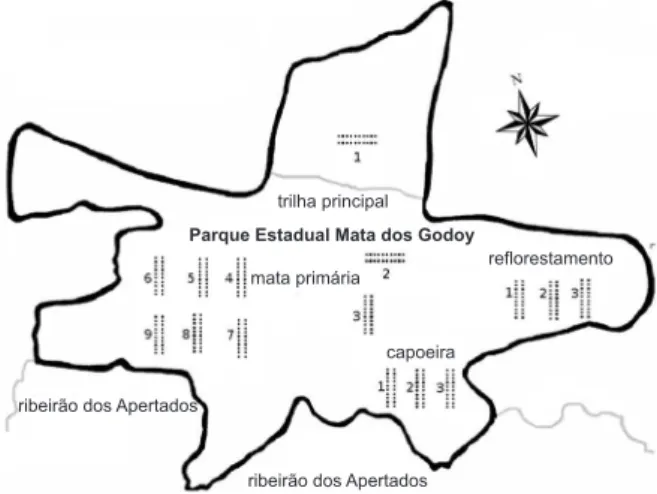 Figura 1. Localização dos pontos de coletas e armadilhas dentro do Parque Estadual Mata dos Godoy, Londrina, PR.
