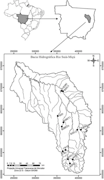 Figura 1.  Pontos de coleta de Ephemeroptera imaturos na bacia do rio Suiá-Miçú, MT (CRSRI, córrego Sucuri; RISU3, rio Suiá-Miçú local 3; RIBET2, rio Betis represado; RIPB, rio Piabanha; RIBET1, rio Betis na mata; RISU2, rio Suiá-Miçú local 2; CRBJ, córreg