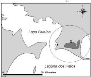 Figura 1. Mapa mostrando os locais de coleta no Parque Estadual de Itapuã, RS (elipse delimitando a área): (A, praia das Pombas; B, lagoa Negra).