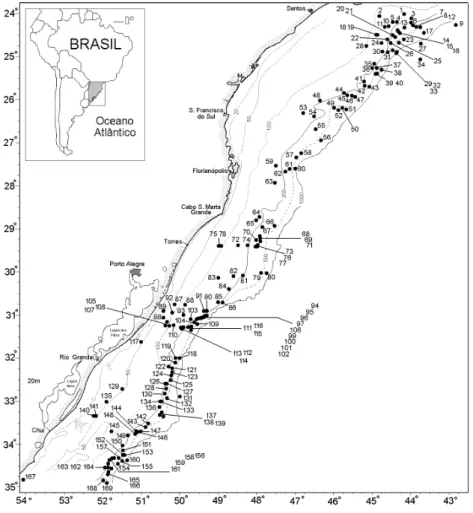 Figura 1. Localização da área de estudo e mapa indicando a batimetria e posição das estações.