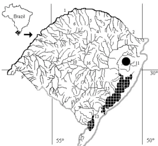 Figura 1. Mapa hidrográfico do estado do Rio Grande do Sul, Brasil. No detalhe em preto a região do município de Igrejinha (29°33’10,2’’S; 50°50’57’’W).