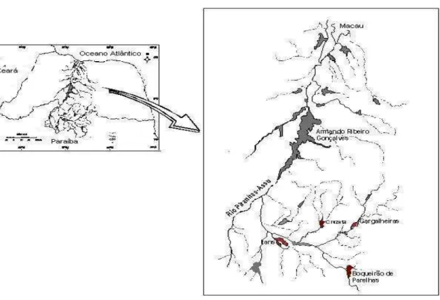 Figura 1: Localização da área de estudo com destaque para os reservatórios Gargalheiras, Cruzeta, Itans  e Boqueirão de Parelhas (Fonte: SERHID, 2005)