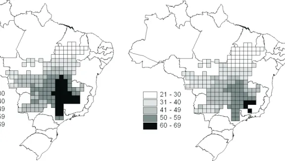 Fig. 3. Mapa do padrão espacial de riqueza obtido a partir das distribuições originais das 131 espécies de anfíbios anuros no Cerrado.