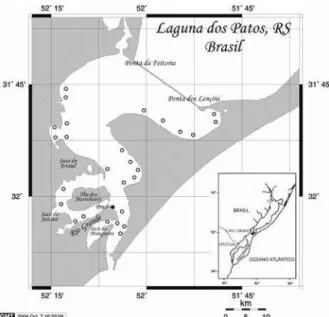 Fig. 1. Mapa com os locais de coleta de Callinectes sapidus no estuário da Laguna dos Patos, RS