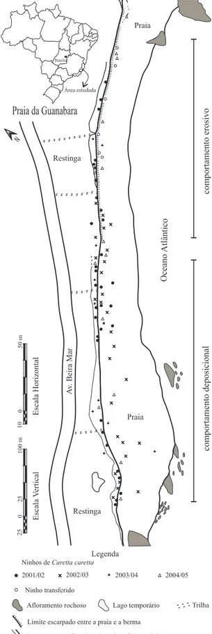 Fig. 1. Distribuição dos ninhos de Caretta caretta (Linnaeus, 1758) na Praia da Guanabara, Anchieta, Espírito Santo, nas temporadas reprodutivas de 2001/2002 a 2004/2005