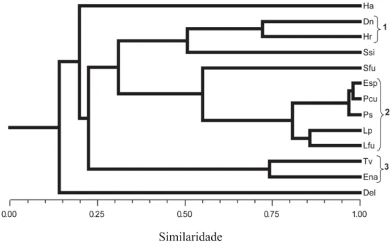 Fig. 3. Similaridade espacial entre os machos de 13 espécies de anuros registradas em Santa Fé do Sul, SP, entre setembro de 2003 e agosto de 2004 (coeficiente de correlação cofenética = 0,83)