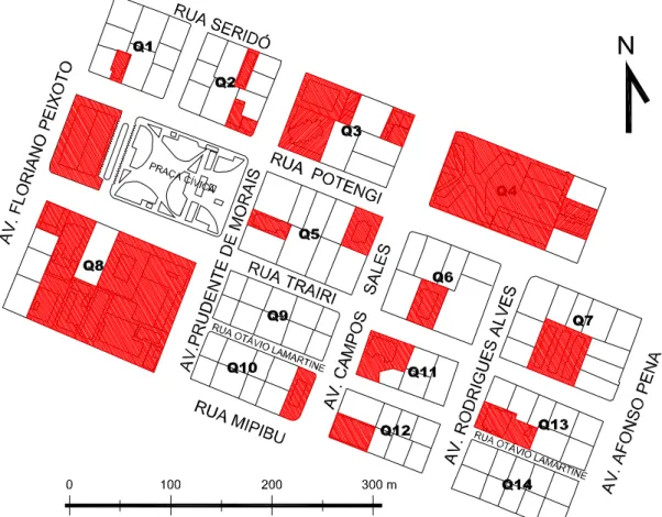 Figura 20. Mapa do parcelamento utilizado na simulação das ocupações, assinalando os edifícios que  foram mantidos.