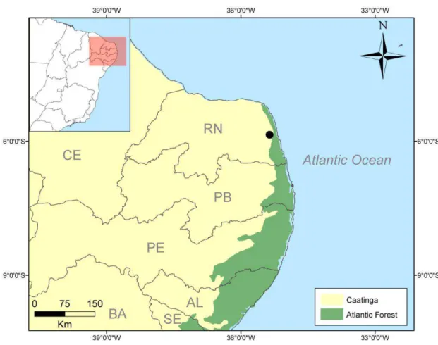 Figura 1. Localização da área de estudo, Escola Agrícola de Jundiaí, Macaíba  – RN, Brasil e dos  dois grandes Domínios morfoclimáticos da região