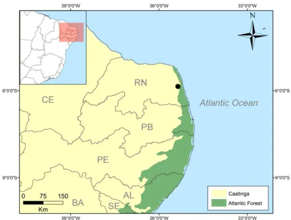 Figura 5. Localização da área de estudo, Escola Agrícola de Jundiaí, Macaíba  – RN, Brasil e dos  dois grandes biomas da região.