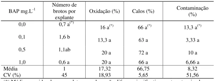 Tabela  1.  Média  de  brotos  por  segmento  nodal  de  umbuzeiro,  porcentagem  de  oxidação  e  calogênese em função diferentes concentrações de BAP e taxa de contaminação, após 30 dias  de cultivo in vitro