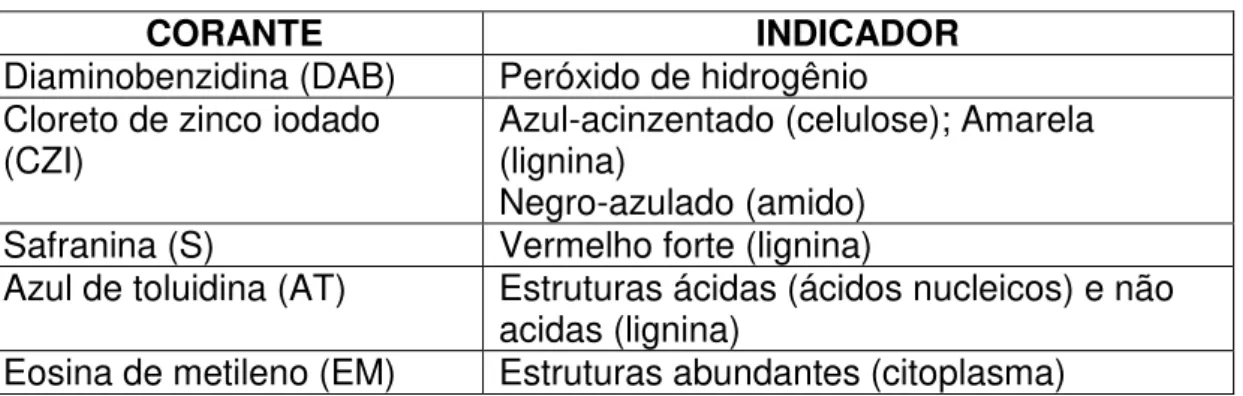 Tabela 1: Relação de corantes. Estes corantes foram utilizados nas amostras analisadas por 