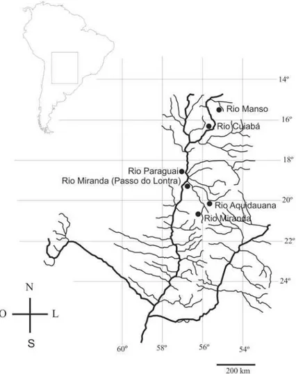Fig. 1. Mapa com os locais de coleta de Pimelodus pantaneiro sp. nov. na bacia do alto rio Paraguai.