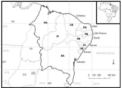 Figure  1.  Location  of  Natal  in  Rio  Grande  do  Norte  and  capitals  of  the  states  of  Northeast  Brazil