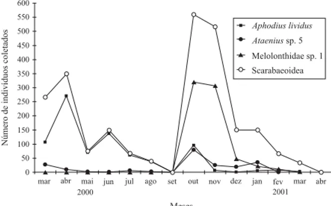 Fig. 3. Relação do número de indivíduos pelo número de famílias de Scarabaeoidea coletadas em armadilhas de luz no município de Tamarana, Paraná, de março de 2000 a abril de 2001.