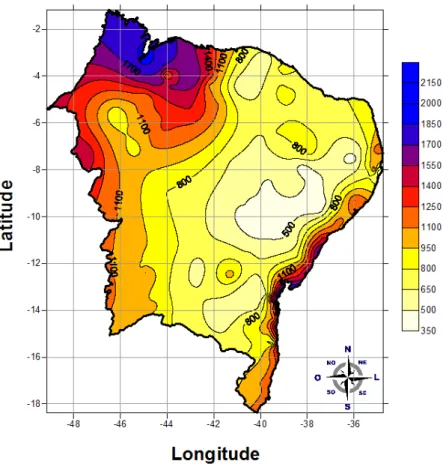 Figura 1.1. Distribuição espacial da climatologia do total anual de precipitação (1972-2002)