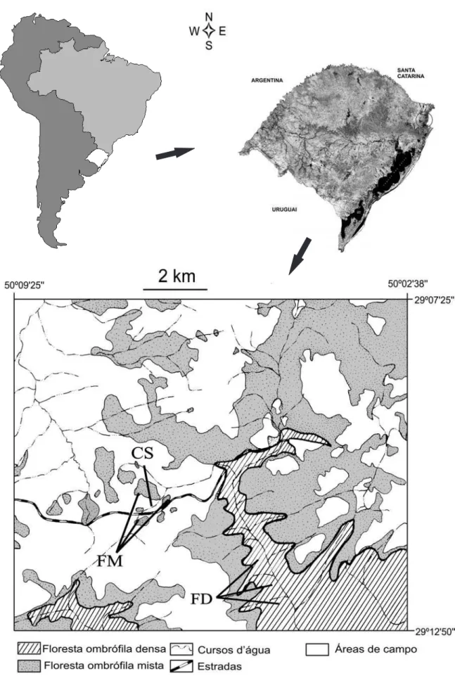 Fig. 1. Localização da área de estudo, Parque Nacional dos Aparados da Serra, Cambará do Sul, RS, e Praia Grande, SC, Brasil: pontos de coleta em áreas de campo seco (CS), floresta ombrófila densa (FD) e fragmentos de floresta ombrófila mista (FM)