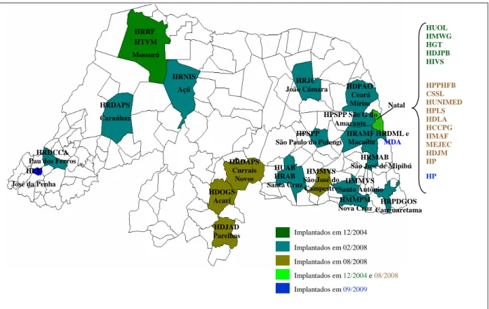 Figura 3  – Mapa demonstrativo dos NHE`s do estado do Rio Grande do Norte.  Fonte: SUVIGE/CPS/SESAP-RN, 2009