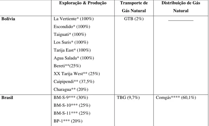 Tabela 6 - Ativos  da BG 2001 para Brasil e Bolívia.   Fonte: Elaboração própria. 