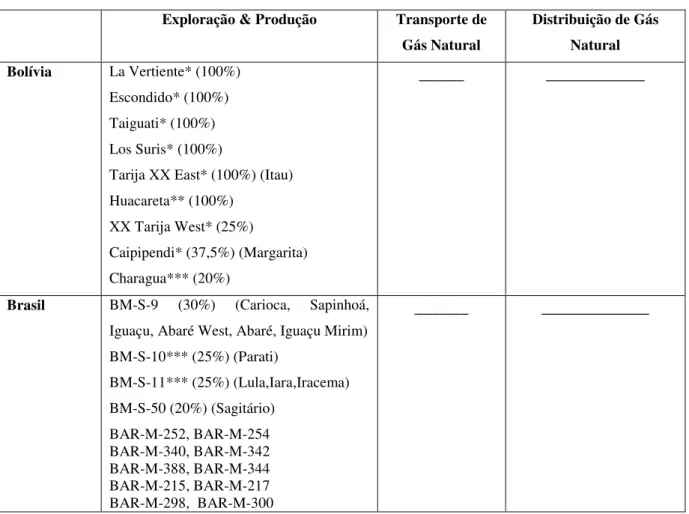 Tabela 77 - Ativos  da BG 2001 para Brasil e Bolívia.   Fonte: Elaboração própria. 