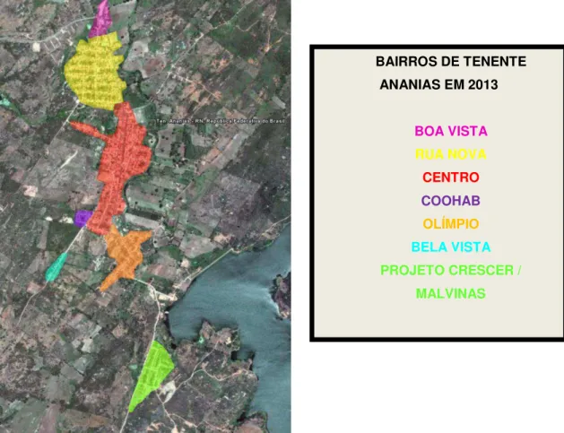 Figura 8 - Imagem de satélite da cidade de Tenente Ananias-RN com destaque para os bairros 