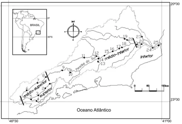 Fig. 1. Área da bacia hidrográfica do rio Paraíba do Sul, com indicação dos 25 locais de coleta (Vide Tab
