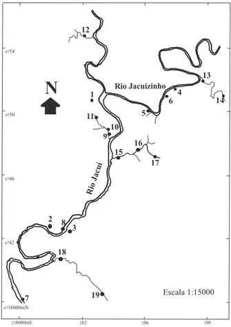 Fig. 1. Mapa da área de abrangência da U.H.E. Dona Francisca, RS, com a localização dos pontos de coleta.